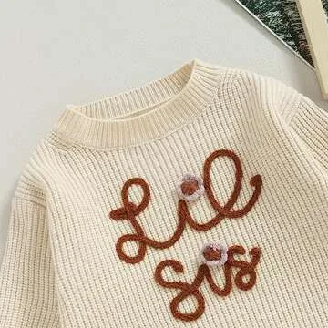 VISGOGO Big Little Sister Matching Sweater Baby Girls Knitted One-Piece Outfits Toddler Brother Sweatshirt Clothes (Beige-Lil Sis, 0-3 Months)