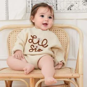 VISGOGO Big Little Sister Matching Sweater Baby Girls Knitted One-Piece Outfits Toddler Brother Sweatshirt Clothes (Beige-Lil Sis, 0-3 Months)