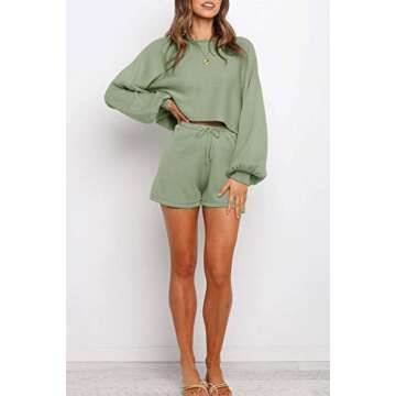ZESICA Women's Casual Long Sleeve Solid Color Knit Pullover Sweatsuit 2 Piece Short Sweater Outfits Sets,Green,Large