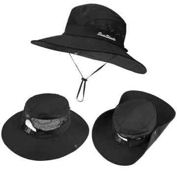 Women's Outdoor UV-Protection-Foldable Sun-Hats Mesh Wide-Brim Beach Fishing Hat with Ponytail-Hole Black