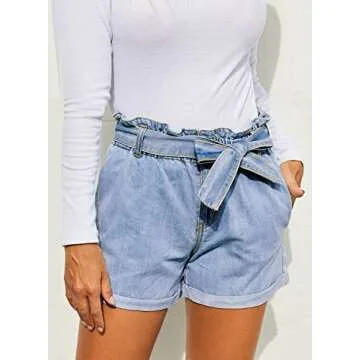 Sidefeel Women Paper Bag Waist Rolled Denim Jean Shorts XL Light Blue