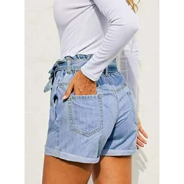 Sidefeel Women Paper Bag Waist Rolled Denim Jean Shorts XL Light Blue