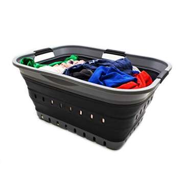 SAMMART 42L Collapsible Plastic Laundry Basket - Foldable Pop Up Storage Container/Organizer - Space Saving Hamper/Basket (1, Grey/Black)