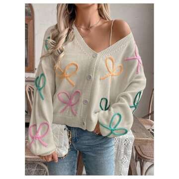 WDIRARA Women's Bow Button Down Cardigan V Neck Long Sleeve Drop Shoulder Knit Sweater Beige Medium