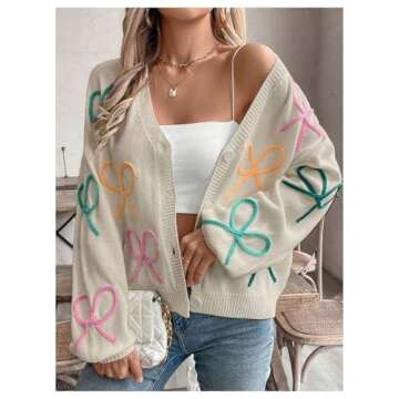 WDIRARA Women's Bow Button Down Cardigan V Neck Long Sleeve Drop Shoulder Knit Sweater Beige Medium