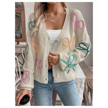WDIRARA Women's Bow Button Down Cardigan V Neck Long Sleeve Drop Shoulder Knit Sweater Beige Medium