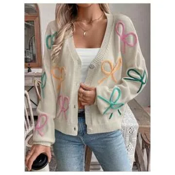 WDIRARA Women's Bow Button Down Cardigan V Neck Long Sleeve Drop Shoulder Knit Sweater Beige Medium