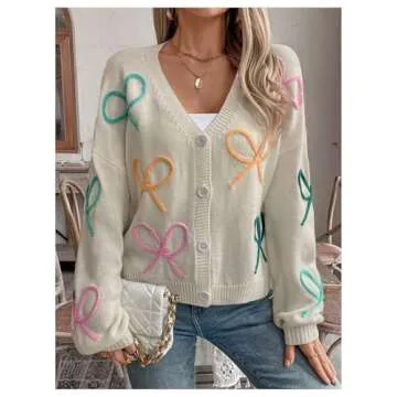 WDIRARA Women's Bow Button Down Cardigan V Neck Long Sleeve Drop Shoulder Knit Sweater Beige Medium