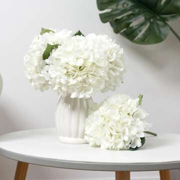 Auihiay 8PCS White Artificial Hydrangea Flowers Bouquets, Silk Hydrangea Flowers with Stems and Leav...