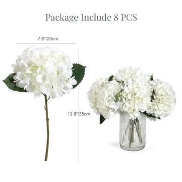 Auihiay 8PCS White Artificial Hydrangea Flowers Bouquets, Silk Hydrangea Flowers with Stems and Leaves, Fake Flower Bouquets for Home Garden Party Decor, Wedding Centerpieces (13.8 x 7.9 inches)