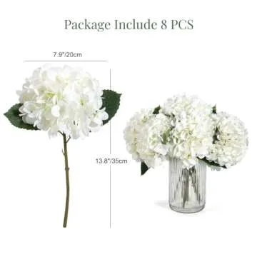 Auihiay 8PCS White Artificial Hydrangea Flowers Bouquets, Silk Hydrangea Flowers with Stems and Leaves, Fake Flower Bouquets for Home Garden Party Decor, Wedding Centerpieces (13.8 x 7.9 inches)