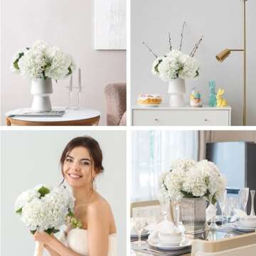 Auihiay 8PCS White Artificial Hydrangea Flowers Bouquets, Silk Hydrangea Flowers with Stems and Leaves, Fake Flower Bouquets for Home Garden Party Decor, Wedding Centerpieces (13.8 x 7.9 inches)