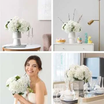 Auihiay 8PCS White Artificial Hydrangea Flowers Bouquets, Silk Hydrangea Flowers with Stems and Leaves, Fake Flower Bouquets for Home Garden Party Decor, Wedding Centerpieces (13.8 x 7.9 inches)