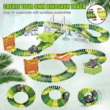 174 PCS Flexible Dinosaur Train Tracks and Race Cars Playset with 8 Dinosaurs Figures, Electric Vehicles, Lights - Create Road Racing World for Toddlers and Kids