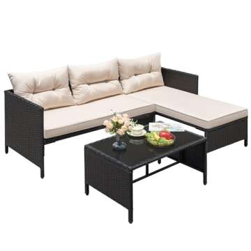 Greesum 3 Piece Patio Furniture Set - Elegant Outdoor Wicker Rattan Sectional Sofa with Cushions & C...