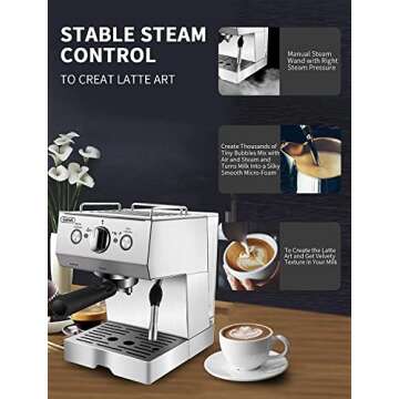 Gevi Espresso Machine 15 Bar Pump Pressure, Cappuccino Coffee Maker with Milk Foaming Steam Wand for Latte, Mocha, Cappuccino, 1.5L Water Tank, 1100W, Black