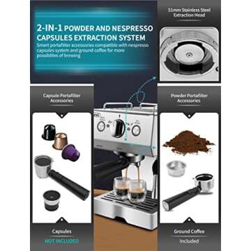 Gevi Espresso Machine 15 Bar Pump Pressure, Cappuccino Coffee Maker with Milk Foaming Steam Wand for Latte, Mocha, Cappuccino, 1.5L Water Tank, 1100W, Black
