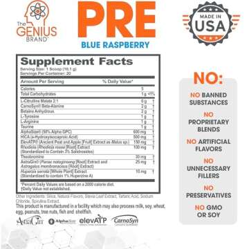 Genius Pre Workout Powder, Blue Raspberry - All-Natural Nootropic Pre-workout & Caffeine-Free Nitric Oxide Booster Supplement with Beta Alanine & Alpha GPC - No Artificial Flavors, Sweeteners, or Dyes
