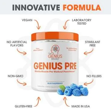 Genius Pre Workout Powder, Blue Raspberry - All-Natural Nootropic Pre-workout & Caffeine-Free Nitric Oxide Booster Supplement with Beta Alanine & Alpha GPC - No Artificial Flavors, Sweeteners, or Dyes