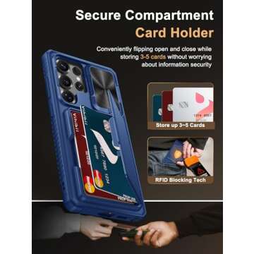 Vihibii for Samsung Galaxy S25 Ultra Case with Card Holder (4 Cards), [RFID Blocking] & Slide Camera Cover & Raised Edge Protect Screen, Shockproof Rugged Case for Samsung Galaxy S25 Ultra, Blue