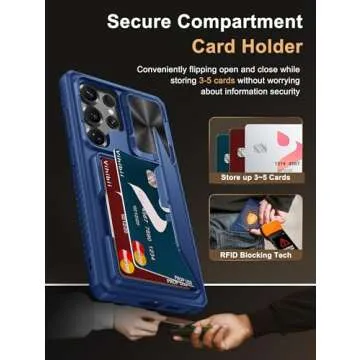 Vihibii for Samsung Galaxy S25 Ultra Case with Card Holder (4 Cards), [RFID Blocking] & Slide Camera Cover & Raised Edge Protect Screen, Shockproof Rugged Case for Samsung Galaxy S25 Ultra, Blue