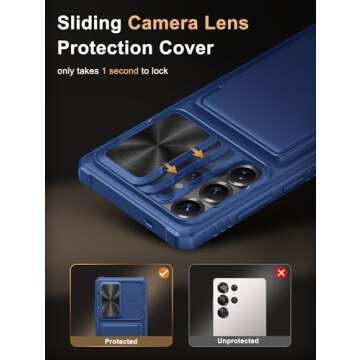 Vihibii for Samsung Galaxy S25 Ultra Case with Card Holder (4 Cards), [RFID Blocking] & Slide Camera Cover & Raised Edge Protect Screen, Shockproof Rugged Case for Samsung Galaxy S25 Ultra, Blue