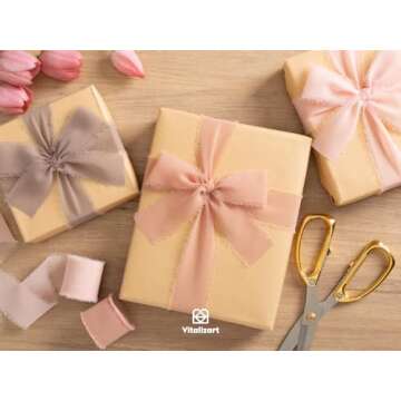 Vitalizart Dusty Rose Handmade Chiffon Silk Ribbon Fringe 1.5" x 21 Yd Frayed Edges Brown Ribbons for Wedding Invitations Bridal Bouquets Gifts Wrapping Crafts Holiday Party Decorations Nude Pink