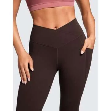 CRZ YOGA Butterluxe Womens Crossover Waist Workout Leggings with Pockets 25" - V Cross High Waist Gym Lounge Yoga Pants Hot Fudge Brown Small