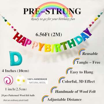 Meygajoe Pre-Strung Happy Birthday Banner - Felt Ball Garland for Vibrant Celebrations