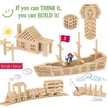 Brain Blox Natural Wooden Blocks for Kids Ages 4-8 - Montessori Blocks for Hands-on Learning - STEM and Architecture for Kids (200 Building Blocks)