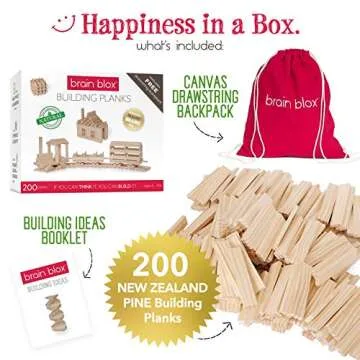 Brain Blox Natural Wooden Blocks for Kids Ages 4-8 - Montessori Blocks for Hands-on Learning - STEM and Architecture for Kids (200 Building Blocks)
