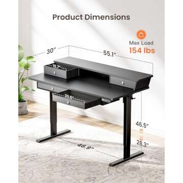 ErGear Standing Desk with Drawers, 55 x 30 Inches Height Adjustable Desk with Storage, Electric Sit Stand Desk, 4 Memory Preset Computer Home Office Desk with Cable Management Tray, Black