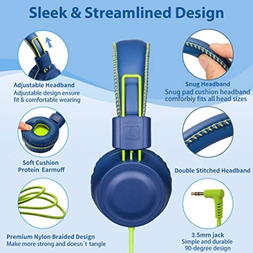 POWMEE M2 Kids Wired Headphones - Tangle-Free Blue