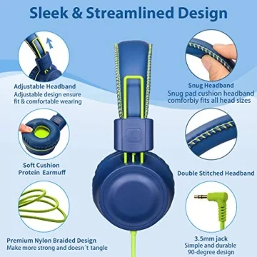 POWMEE M2 Kids Wired Headphones - Tangle-Free Blue