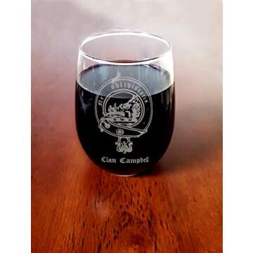Campbell Scottish Clan Crest Clear Stemless Wine Glass 18 oz - Free Personalized Engraving, Celtic D...