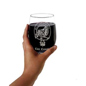 Campbell Scottish Clan Crest Clear Stemless Wine Glass 18 oz - Free Personalized Engraving, Celtic Decor, Scottish Wedding Glass