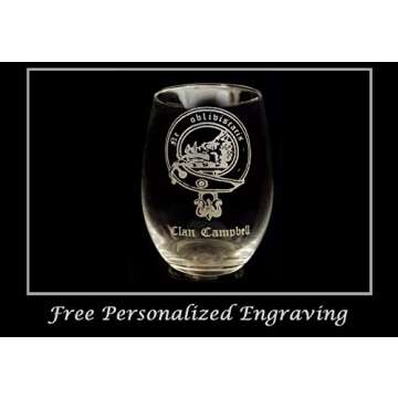 Campbell Scottish Clan Crest Clear Stemless Wine Glass 18 oz - Free Personalized Engraving, Celtic Decor, Scottish Wedding Glass