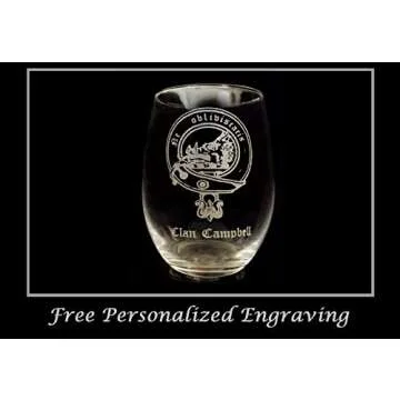 Campbell Scottish Clan Crest Clear Stemless Wine Glass 18 oz - Free Personalized Engraving, Celtic Decor, Scottish Wedding Glass