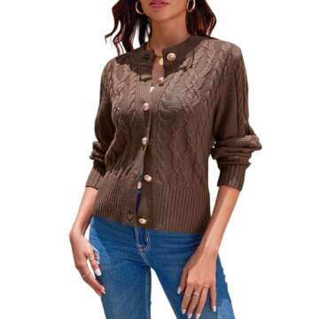 Saodimallsu Womens Cropped Cardigan Sweaters Cable Knit Chunky Button Down Lantern Sleeve Open Front...