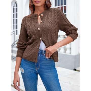 Saodimallsu Womens Cropped Cardigan Sweaters Cable Knit Chunky Button Down Lantern Sleeve Open Front Fall Sweater Coats Coffee