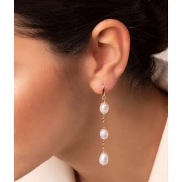 HBFashion Pearl Drop Earrings for Women,Gold Pearl Earrings Dangling Wedding Earrings for Brides Bridesmaids,White Long Baroque Pearl Huggie Earrings Pearl Hoop Earrings Gold Dainty Pearl Jewelry Gift