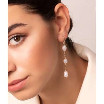 HBFashion Pearl Drop Earrings for Women,Gold Pearl Earrings Dangling Wedding Earrings for Brides Bridesmaids,White Long Baroque Pearl Huggie Earrings Pearl Hoop Earrings Gold Dainty Pearl Jewelry Gift