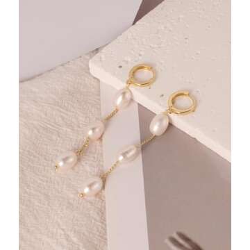 HBFashion Pearl Drop Earrings for Women,Gold Pearl Earrings Dangling Wedding Earrings for Brides Bridesmaids,White Long Baroque Pearl Huggie Earrings Pearl Hoop Earrings Gold Dainty Pearl Jewelry Gift