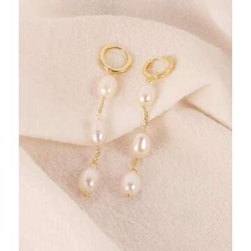 HBFashion Pearl Drop Earrings for Women,Gold Pearl Earrings Dangling Wedding Earrings for Brides Bridesmaids,White Long Baroque Pearl Huggie Earrings Pearl Hoop Earrings Gold Dainty Pearl Jewelry Gift