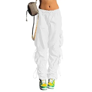 QYANGG Baggy Parachute Pants for Women& Girls Drawstring Elastic Low Waist Ruched Cargo Pants Multip...