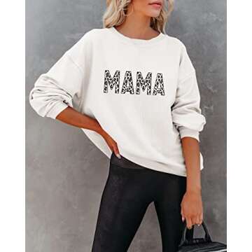 Women's Mama Letter Print Long Sleeve Sweatshirts Fall Crew Neck Leopard Pullover Tops Drop Shoulder Shirts White Medium