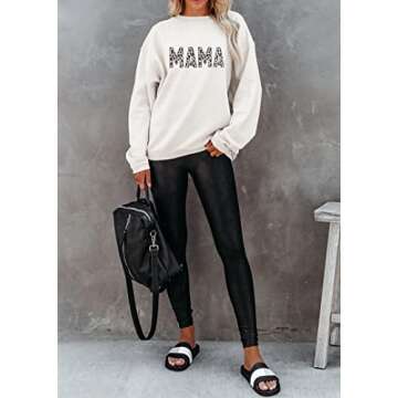 Women's Mama Letter Print Long Sleeve Sweatshirts Fall Crew Neck Leopard Pullover Tops Drop Shoulder Shirts White Medium