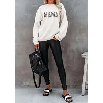 Women's Mama Letter Print Long Sleeve Sweatshirts Fall Crew Neck Leopard Pullover Tops Drop Shoulder Shirts White Medium