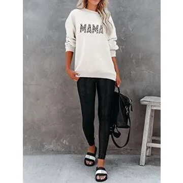 Women's Mama Letter Print Long Sleeve Sweatshirts Fall Crew Neck Leopard Pullover Tops Drop Shoulder Shirts White Medium