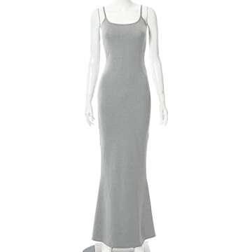 AnotherChill Women's Casual Lounge Slip Long Dress Sexy Sleeveless Backless Bodycon Maxi Dresses 2023 Summer Slim Elegant (Grey, Small)